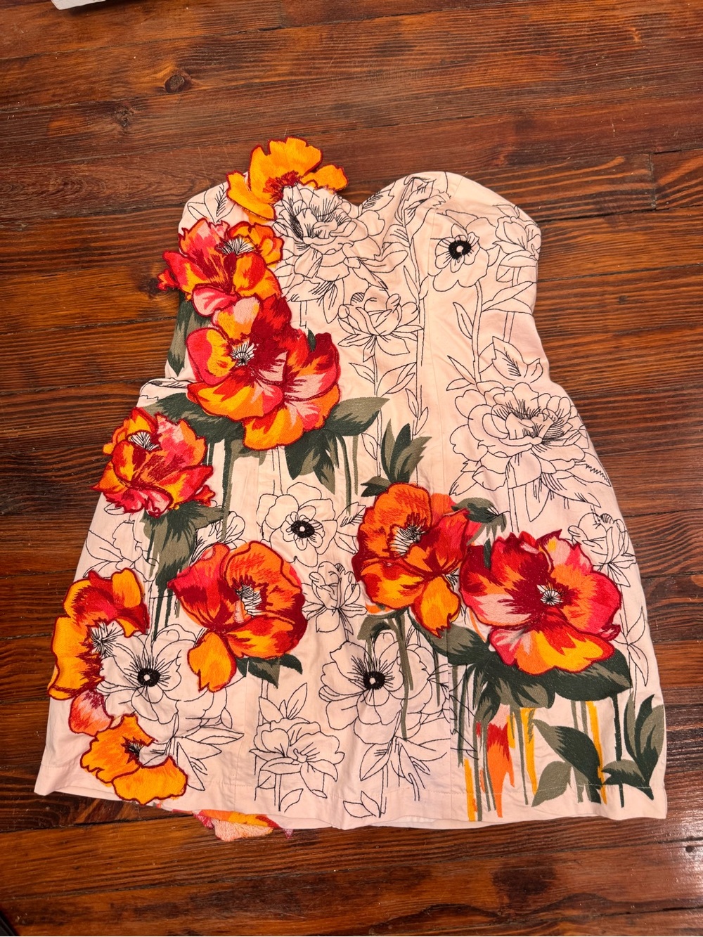 Floral Strapless Dress in Peach with Red-Orange Blooms